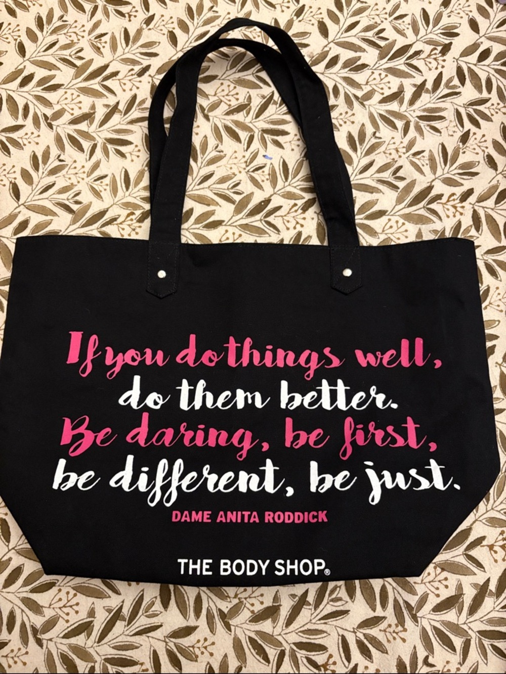 The Body Shop Black Canvas Tote with Pink & White Script Quote